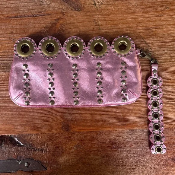 Isabella Fiore Pink Metallic Leather Clutch with Gold Studs Accents - Picture 2 of 3